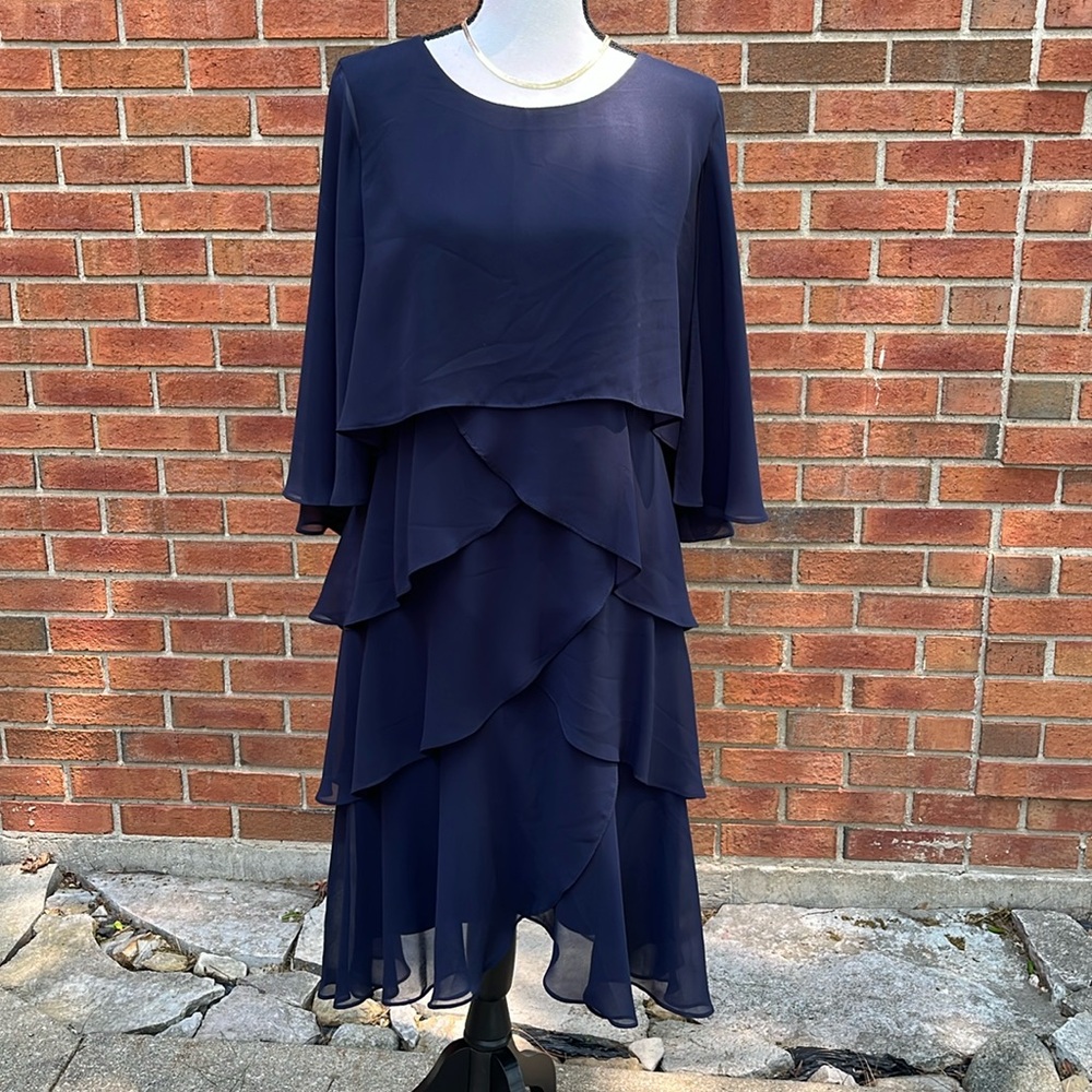 🆕Joseph Ribkoff Tiered Ruffles Cape Sleeve Chiffon Formal Dress 10 Midnight Blue